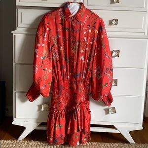 Red floral silk long sleeve dress